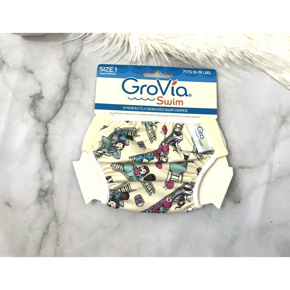 GroVia Reuseable Swim Diaper Yellow FunFair Amusement Park Print Sz. 1 10-19lbs